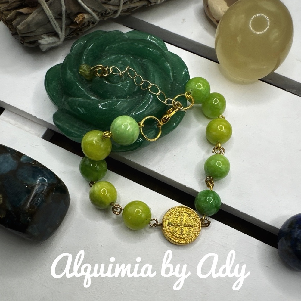 Green Jade 10mm Chunky Adjustable Gold Saint Benedict Beaded Bracelet 41$